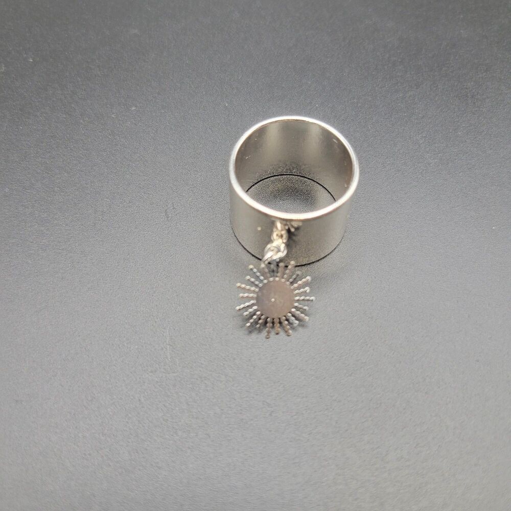 Size 8 Celestial Sun Dangle Charm Ring Unisex Silver Tone Wide Punk Jewelry